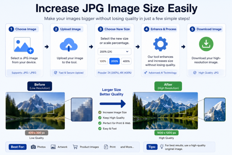 Increase JPG Image Size Easily Without Losing Quality 3 Increase JPG image size easily using an online tool to enlarge JPG photos and improve image resolution without losing quality.
